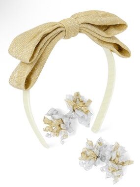 Gymboree Girls’ “All Dressed Up” Gold and Silver Sparkly Bow Headband and Clips